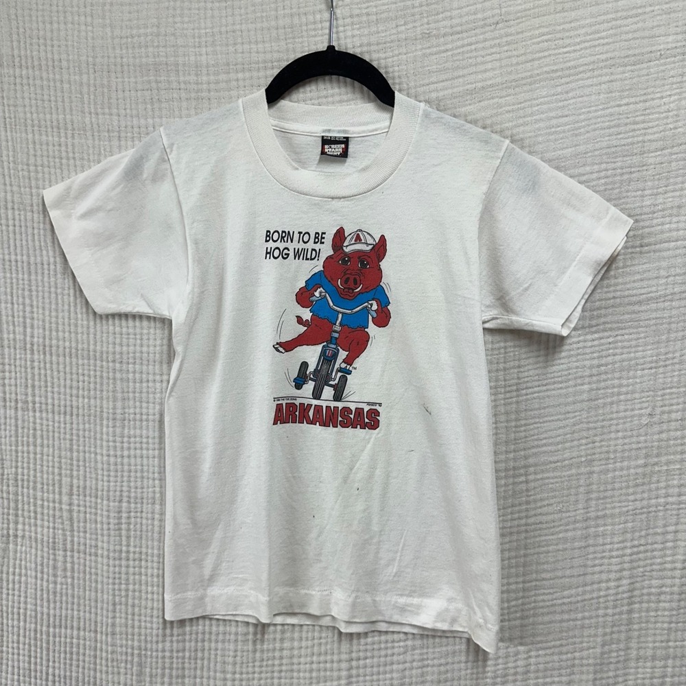 Vtg 90s Youth Arkansas Razorbacks USA Made T Shirt 14/16 measures Small flawed